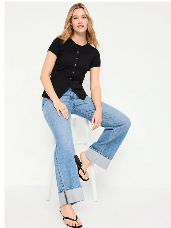 NWT Old Navy Petite Short-sleeve Ribbed Button-down Top - Picture 3 of 6